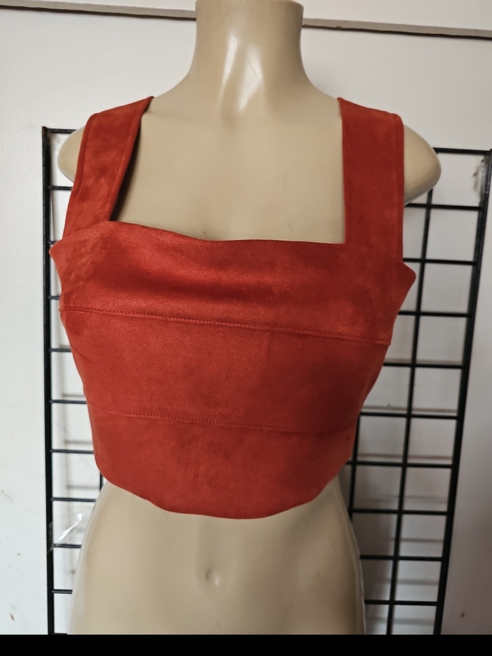 Square-Neck Rust Suede Crop Top